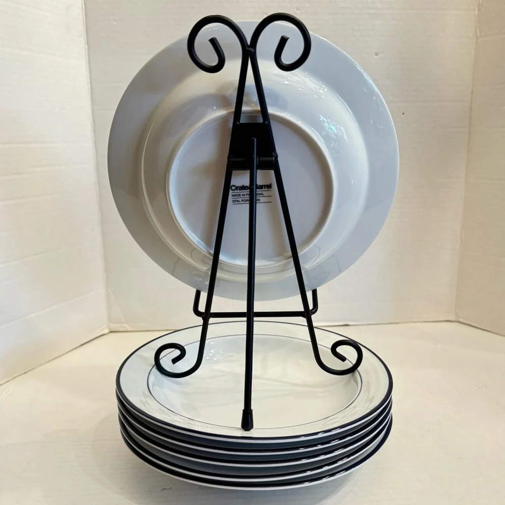 Lot of 2 Crate & Barrel Spal Porcelain Roulette Blue Trim 9” Soup Bowls